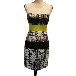 BCBG Womens Sleeveless Knee Length Sheath Tara Dress Black White Yellow  6